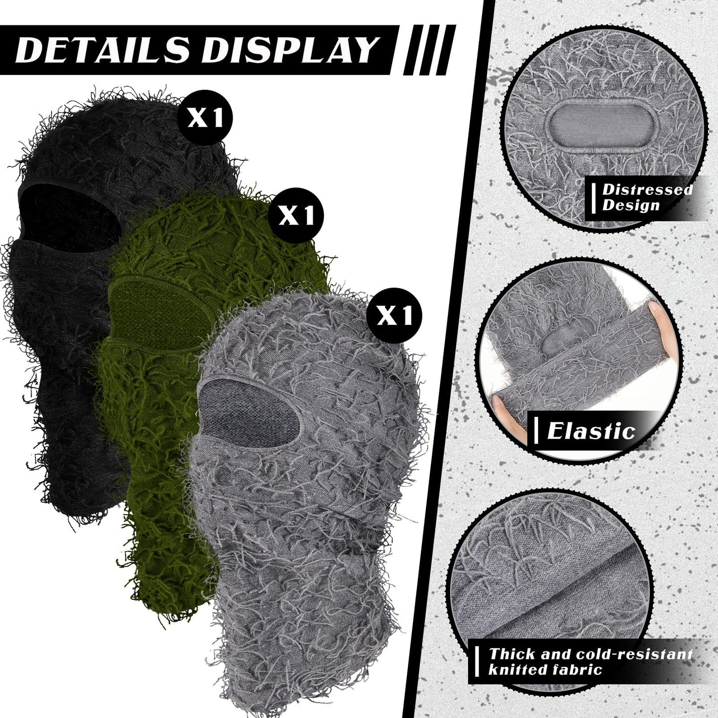 Newcotte 3 Pcs Distressed Balaclava Full Face Ski Mask Cool Knitted Balaclava Windproof Ski Mask for Men Women Cold Weather (Black, Dark Gray, Army Green)