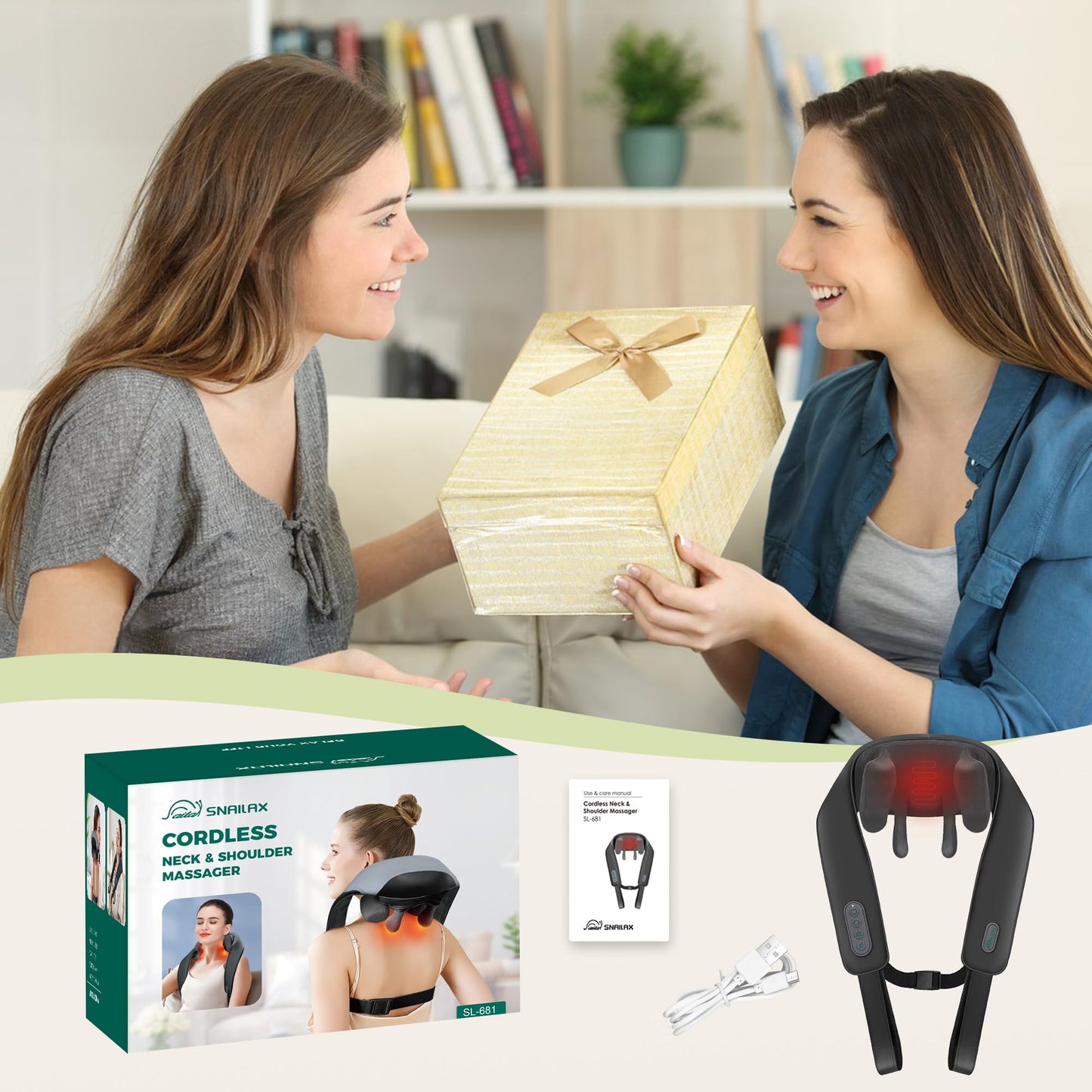 Snailax Neck Massager for Pain Relief Deep Tissue, Neck Massage with Heat, Cordless Massager for Back and Shoulder Pain, Deep Kneading Back Massager, Gift for Mom Dad