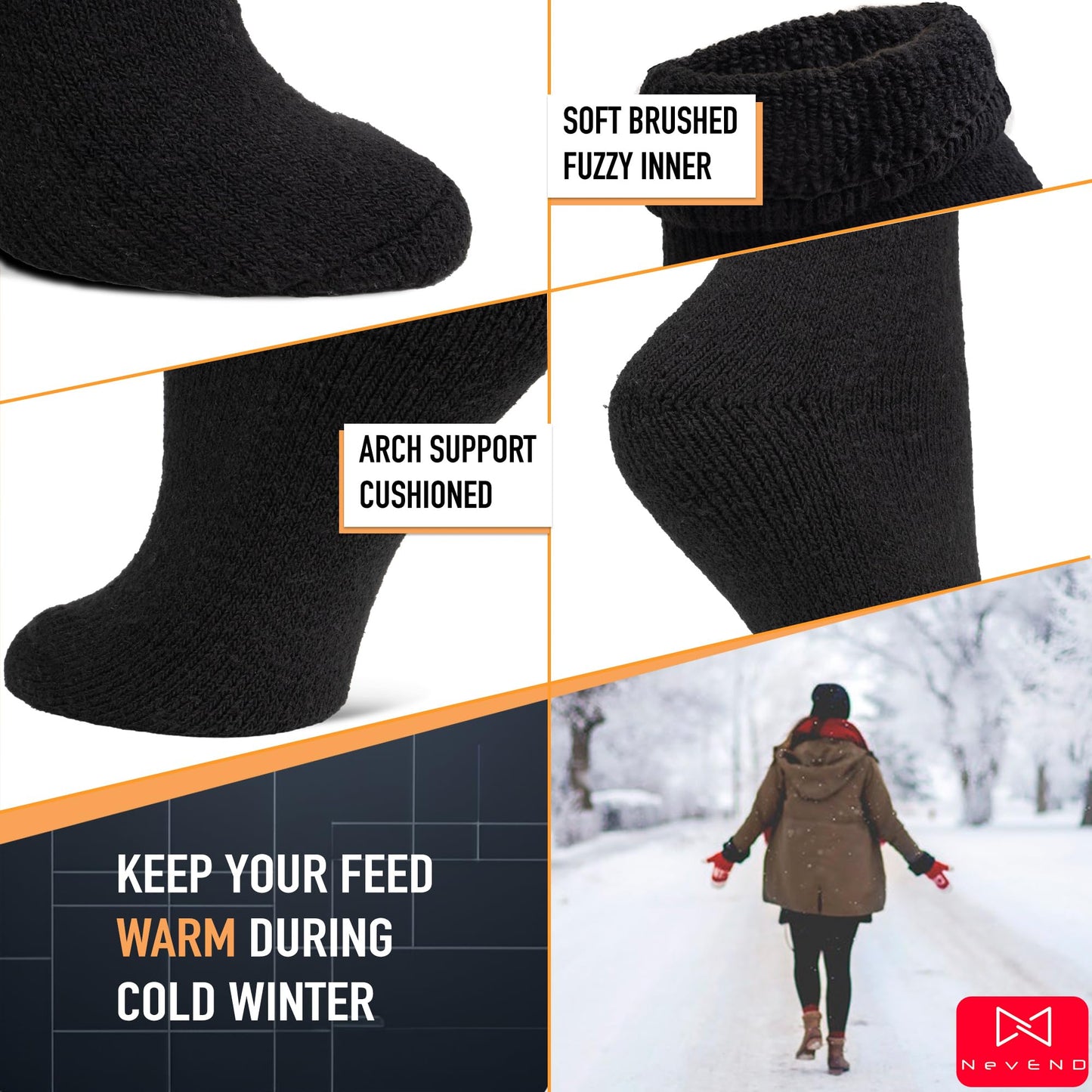 NevEND 3 Pairs Women's Wool Merino Winter Thermal Boots Thick Insulated Heated Socks For Cold Weather Outdoor Activities Black