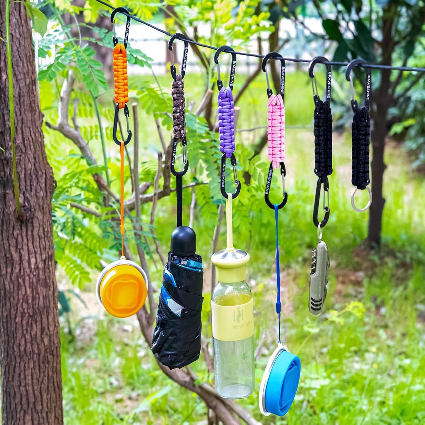 BRAVESHINE 1 Black 1 Pink Paracord Keychain Hooks Carabiner Clips, Lanyard Hanger with D Ring Hooks Heavy-Weight Stroller Hooks Holder for Water Bottle, Key, Backpacks, Tools, Boys, Girls, Men, Women