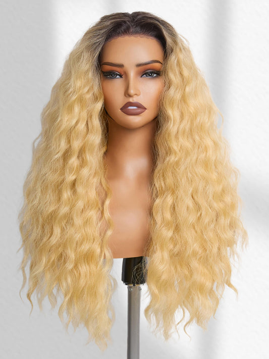 GORGIUS Ombre Blonde Lace Front Wigs Glueless Ocean Wave Long Wig Upgraded with Premium Synthetic Fiber Pre Cut Pre Plucked Natural Hairline
