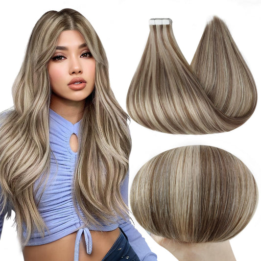 Full Shine Tape in Real Human Hair Extensions Color 8 Light Brown Highlight with 60 Blonde 30 Gram Remy Tape in Hair Extensions 20 Pcs Hair Extensions 12 Inch Invisible Straight Tape Hair for Wedding