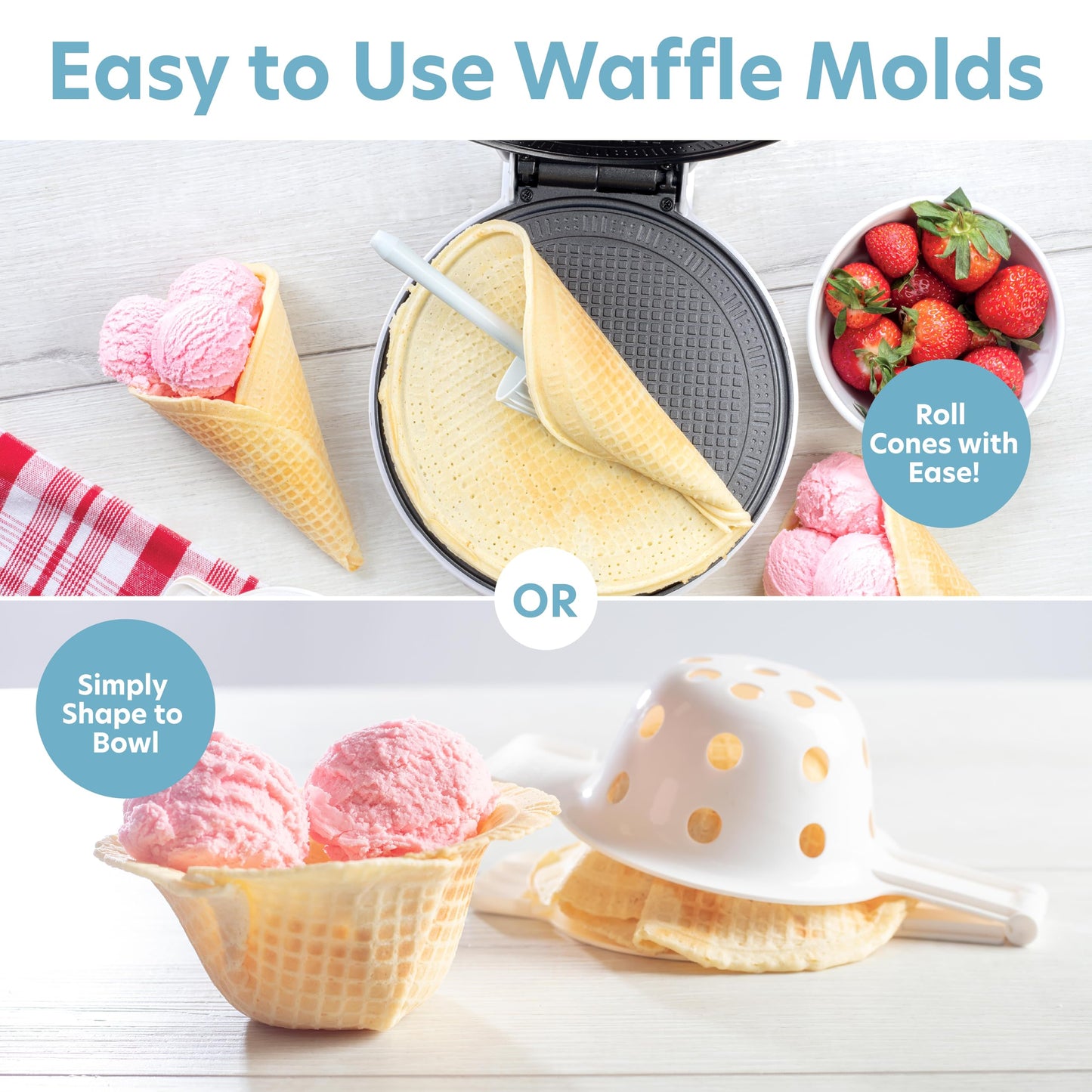 Waffle Cone and Bowl Maker for Homemade Ice Cream Cones- Includes Shaper Roller & Bowl Press- Electric Nonstick Waffler Iron Machine for Sundaes or DIY Dessert, Summer BBQ Gift Treat for Kids Adults