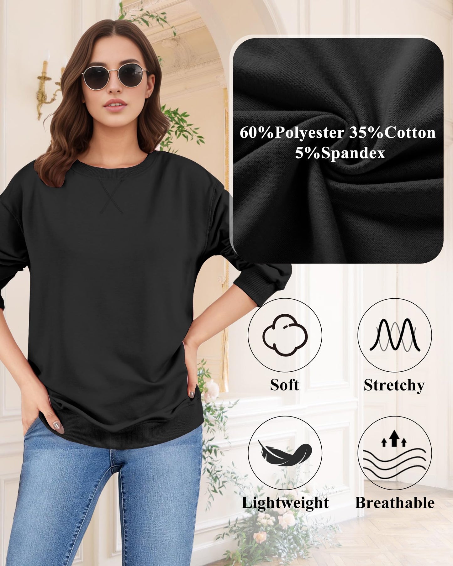 ZENUTA Sweatshirt for Women, Casual Crewneck Sweatshirts Women Loose Fit Long Sleeve Pullover Tops Cute Soft Shirt, M, Black