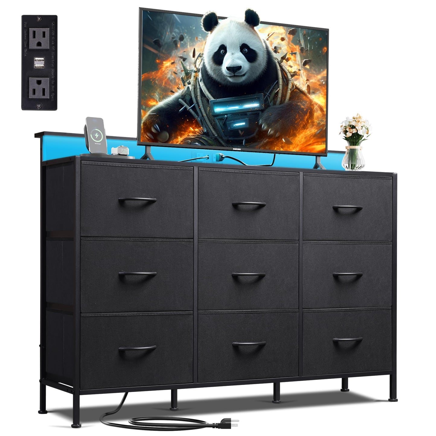 WLIVE Black Dresser TV Stand for 50, 55 inch, Led Dresser for Bedroom, Chest of Drawers with LED Lights, Charging Station, Clothes Storage with 9 Drawers, Wood Top, Living Room, Closet