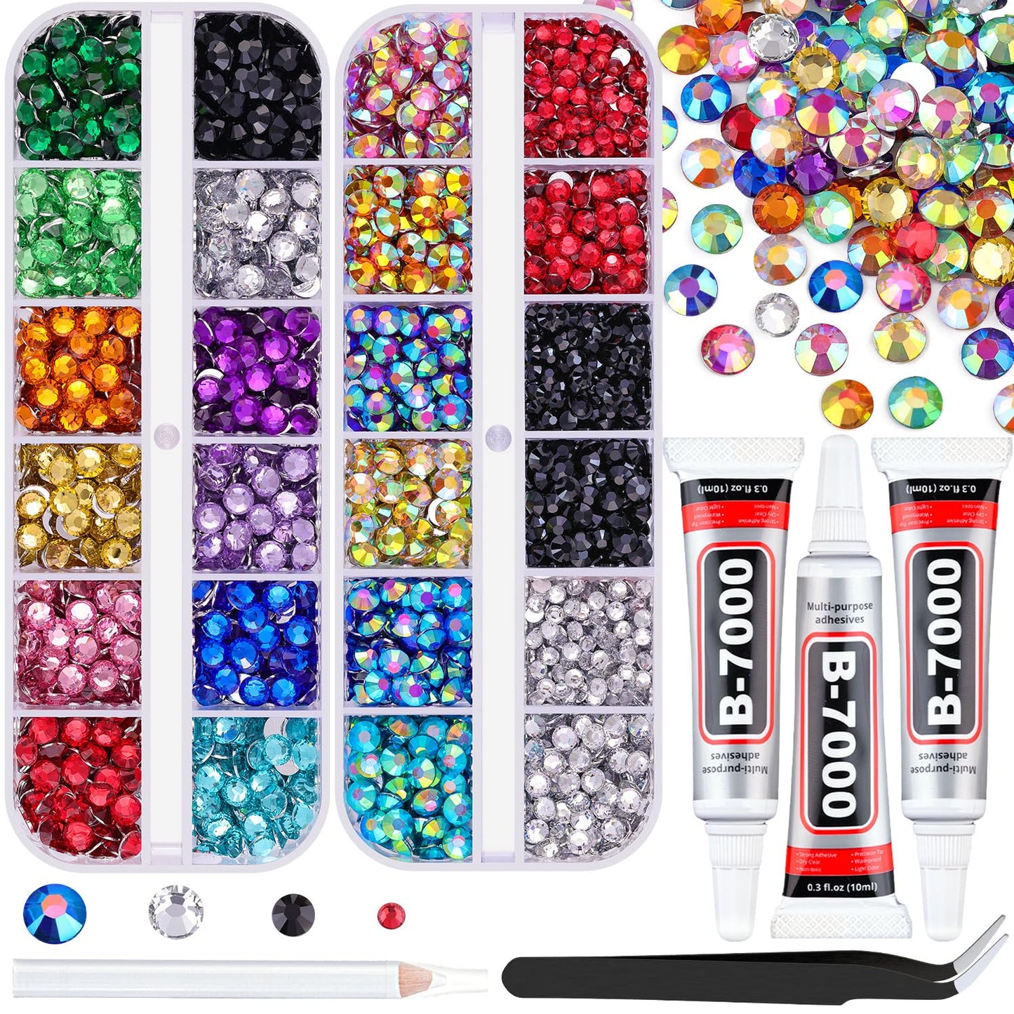 Rainbow Flatback Rhinestones for Crafting and 3PCS B7000 Glue (Set 1), 2 Boxes of 4500 PCS Resin Rhinestones Gems Charms for Bedazzling DIY Crafts Tumblers Shoes Fabric Clothing Nail Art