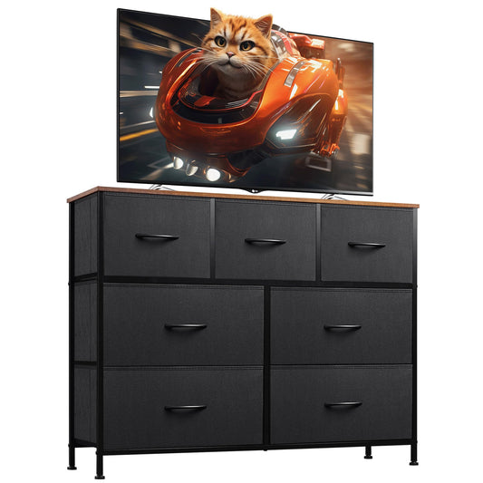 WLIVE 7 Drawer Dresser TV Stand, Entertainment Center, Media Console Table with Metal Frame and Wood Top for TV up to 45 inch, Chest of Drawers for Bedroom, Living Room, Black and Rustic Brown