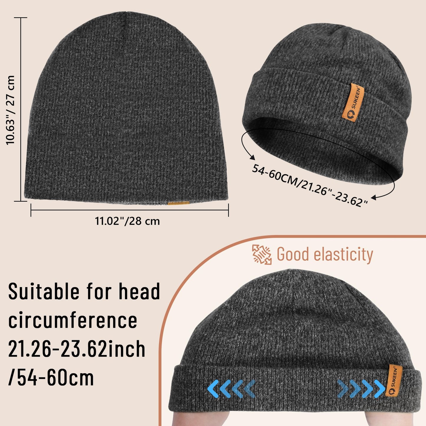 Sukeen Unisex Winter Beanie for Men and Women Soft Double-Layer Slouchy Skull Caps Warm Knitted Cuff Hat for Daily Outdoor Dark Gray