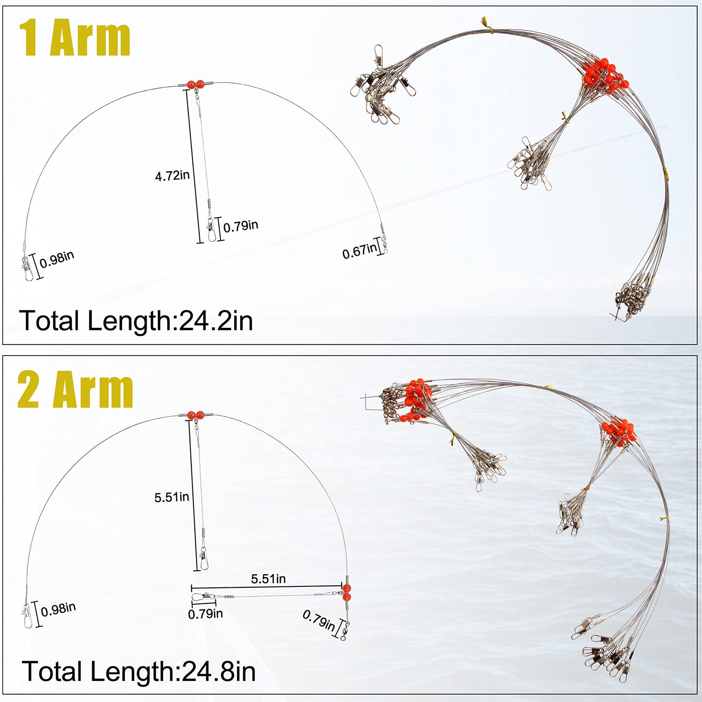 Fishing Leaders Saltwater Fishing Rigs Fishing Bottom Rigs Surf Fishing Rigs Saltwater Fishing Wire Trace Leader Rigs for Lures Bait and Hooks Steel Leaders with Swivels Snaps Beads 1Arm 2Arms