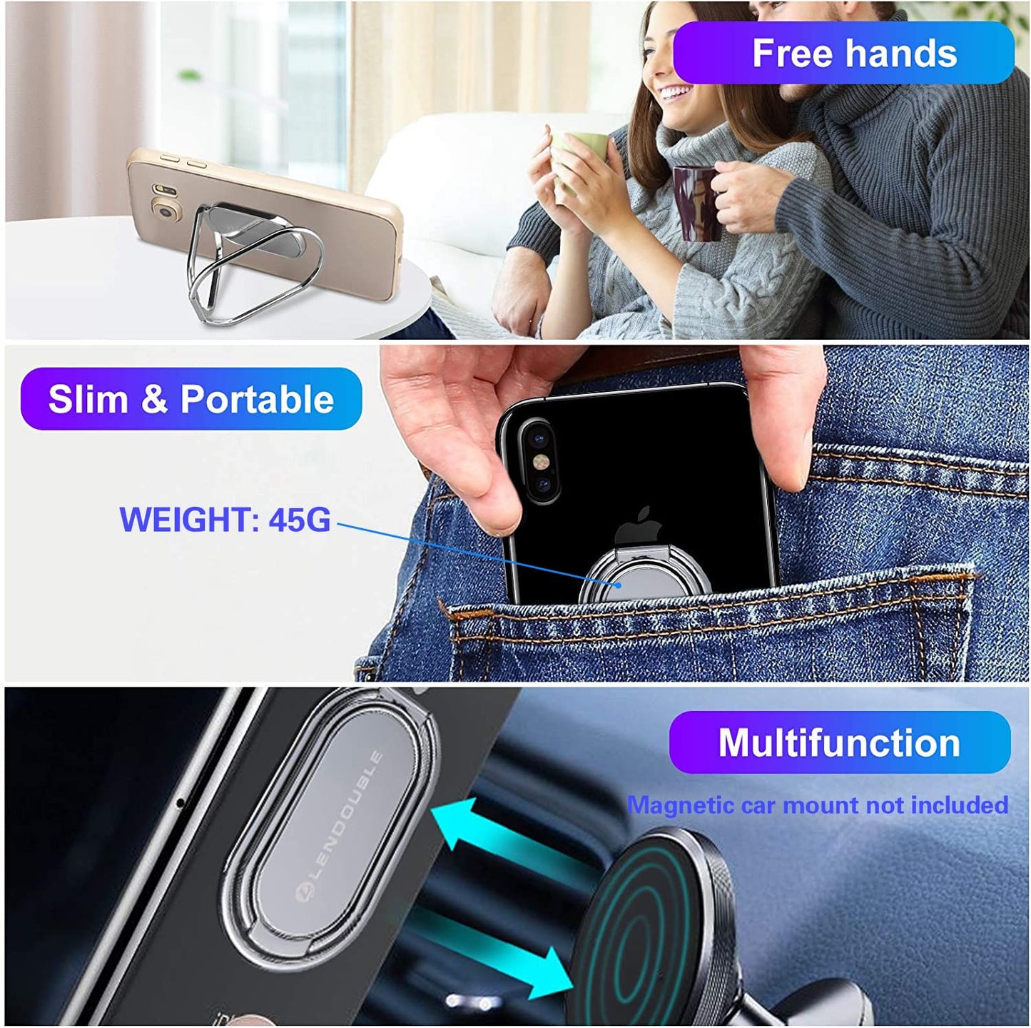 Foldable Cell Phone Stand for Desk, Adjustable Cellphone Ring Holder Finger Kickstand for Office Desktop & Magnetic Car Mount, Rotatable Multi-Angle Hand Grip for iPhone 16 15 Smartphones Back Case