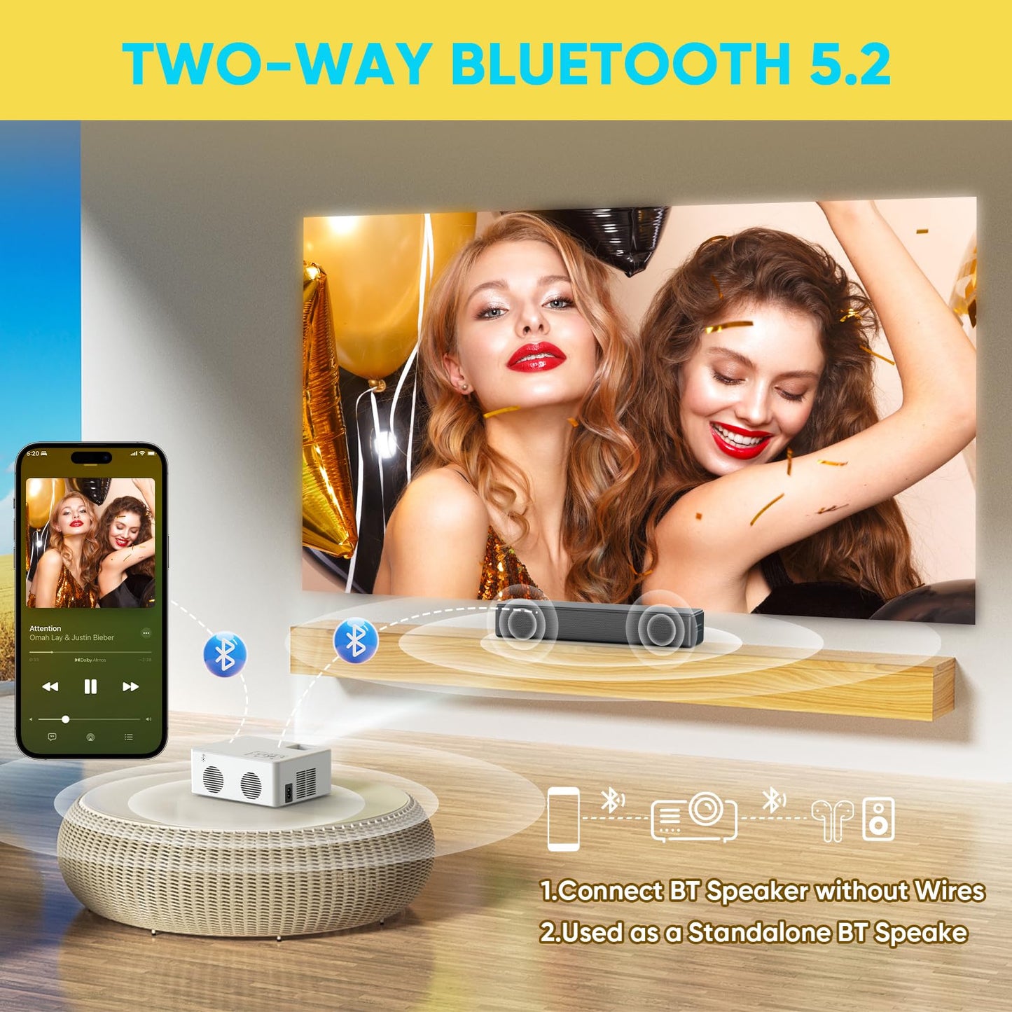 PURSHE Mini Bluetooth Projector, Full HD 1080P Supported Portable Outdoor Movie Projector for iOS, Android, Windows, Compatible with TV Stick/HDMI/Smartphone/PS4/USB [Remote Included]