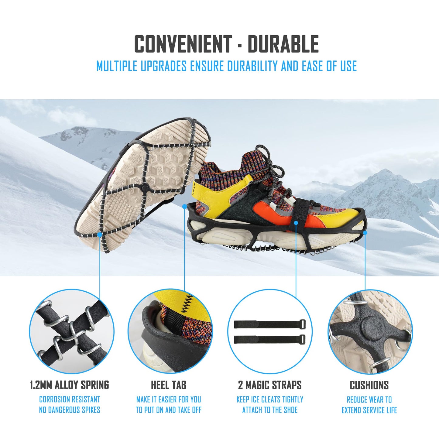 MATTISAM Ice Cleats for Walking on Ice Snow, Crampons Traction Grips Spikes for Shoes Boots, Anti-Slip Flexible Footwear Grippers for Climbing Hiking Fishing Outdoor Running with 2 Adjustable Straps
