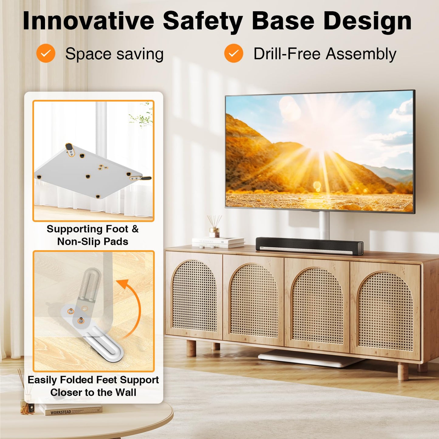 TVON Floor TV Stand with Mount for Most 32-60 Inch Flat/Curved TVs up to 88 lbs, Height Adjustable TV Mount Stand with Wood Base, Swivel TV Stand for Bedroom, Corner & Living Room, Max VESA 400x400mm