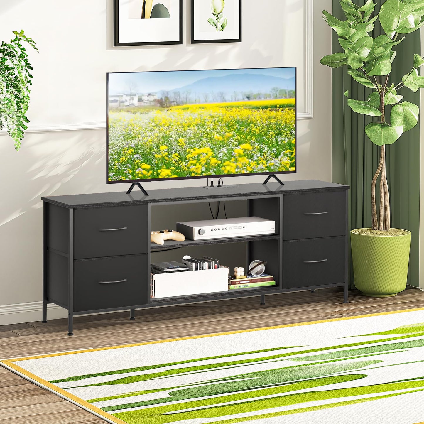 Sonharlar TV Stand for Bedroom, Television Stand for TV up to 55 Inch Entertainment Center Dresser with 4 Drawers Open Storage Shelves for Living Room, Entryway (Black and Charcoal Black)