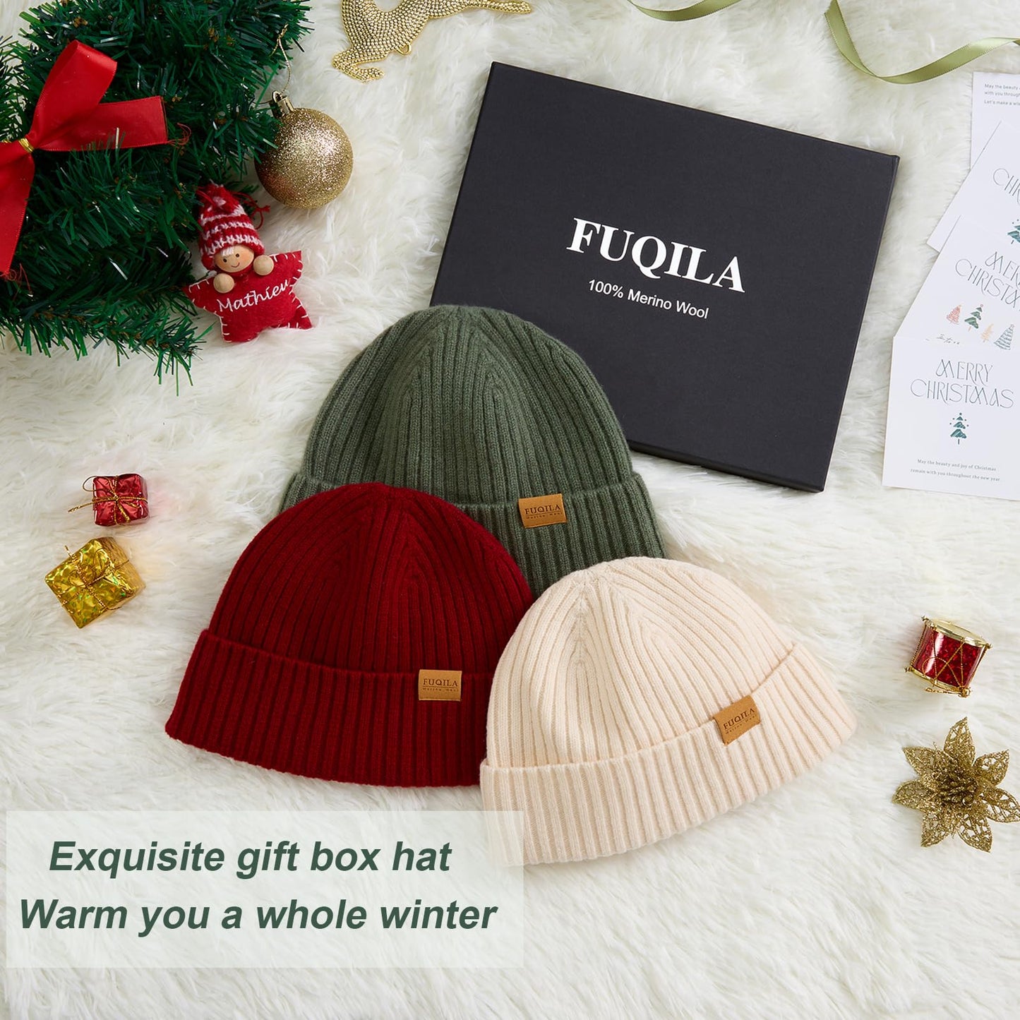 FUQILA 100% Merino Wool Fisherman Beanie Hat, Unisex Warm Winter Hats, Soft Breathable & Cozy Stretchy Knitted Short Cuffed Cap (Dark Blue)