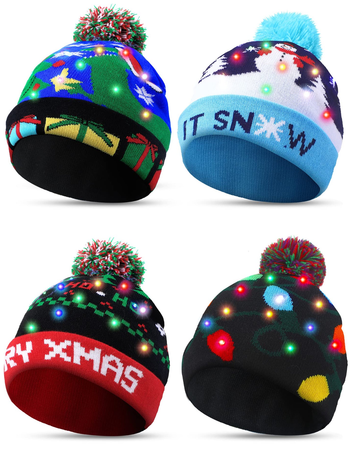 4 Pieces Led Christmas Knitted Hat Light up Xmas Beanie Cap Novelty Unisex Led Winter Snow Hat with 6 Colorful Led
