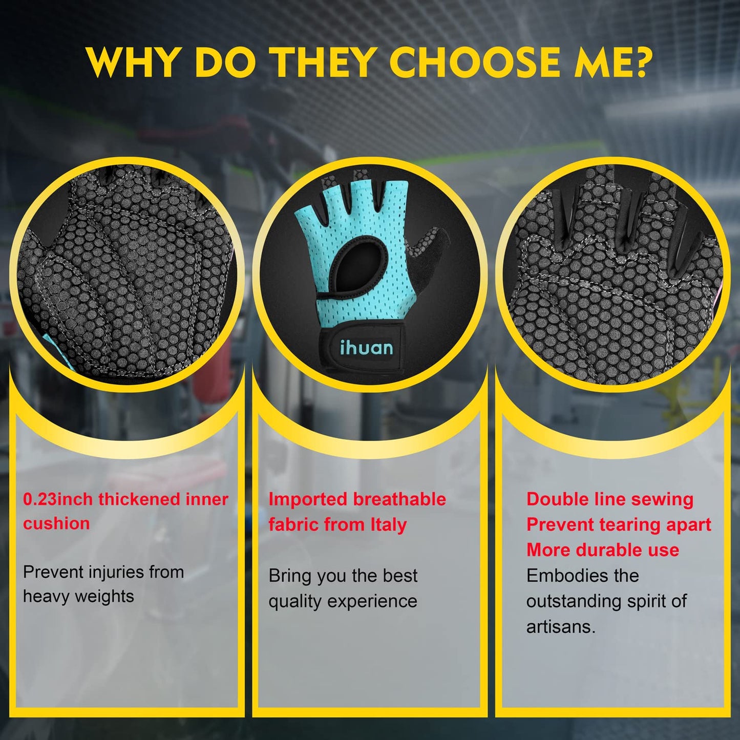 ihuan Breathable Weight Lifting Gloves: Fingerless Workout Gym Gloves with Wrist Support | Enhance Palm Protection | Extra Grip for Fitness | Lifting | Training | Rowing | Pull-ups