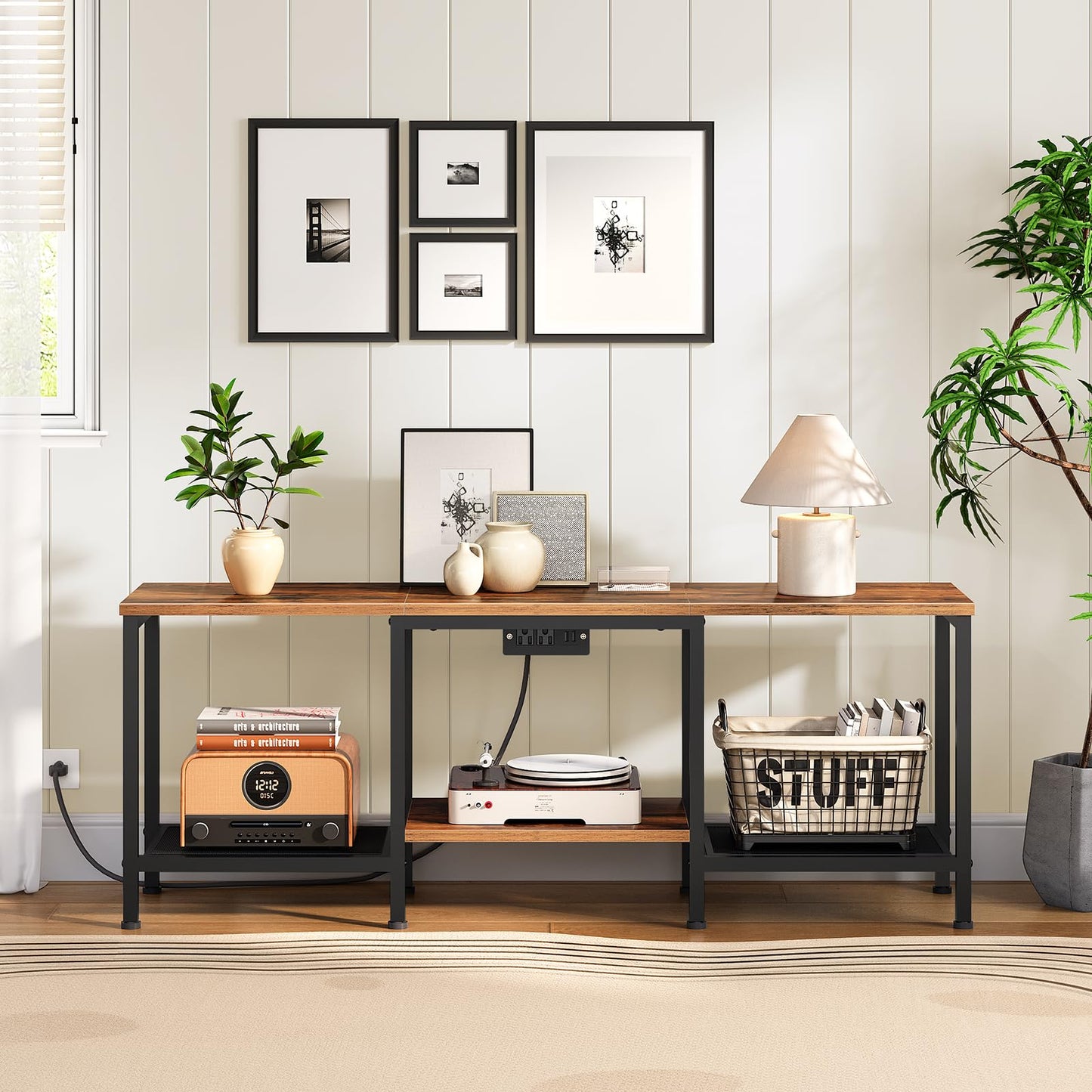 HOOBRO TV Stand with Charging Station to 55 Inches, LED Entertainment Center, Media TV Console Table with Open Storage Shelving for Living Room, Bedroom, Rustic Brown and Black BF122UDDS01