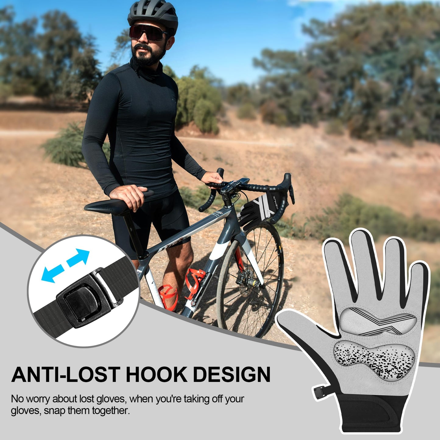 XUKER Cycling Bike Gloves for Men, 2mm Neoprene Winter Full Finger Gel Pad Touchscreen Thermal Mountain Biking Gloves for BMX ATV MTB Riding, Road Racing, Bicycle, Climbing, Boating