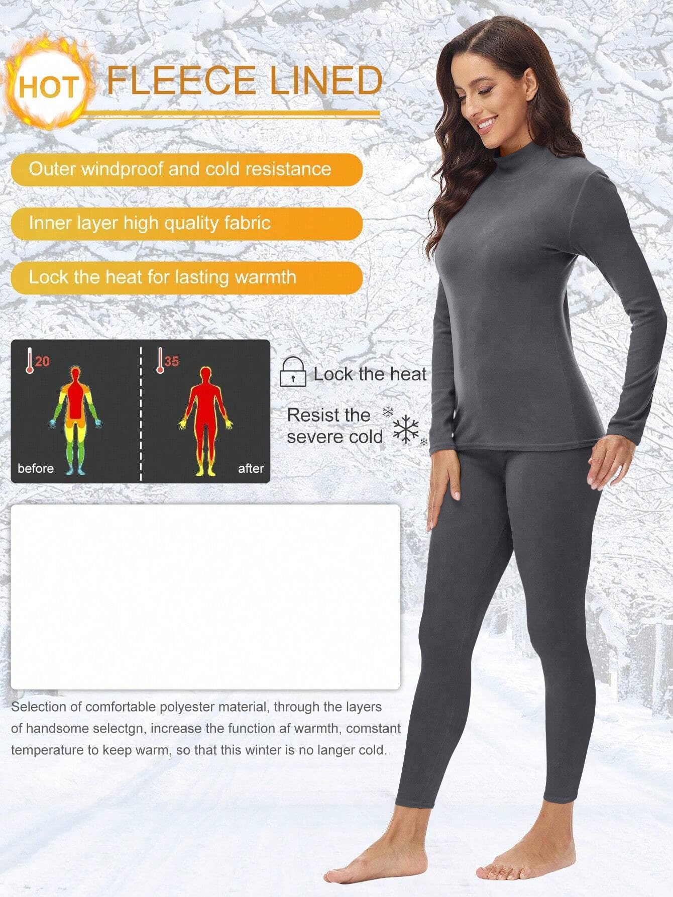 VPESL Womens Mock Neck Thermal Underwear Winter Long Johns with Fleece Lined Long Sleeves Base Layer Set Top Bottom Gray