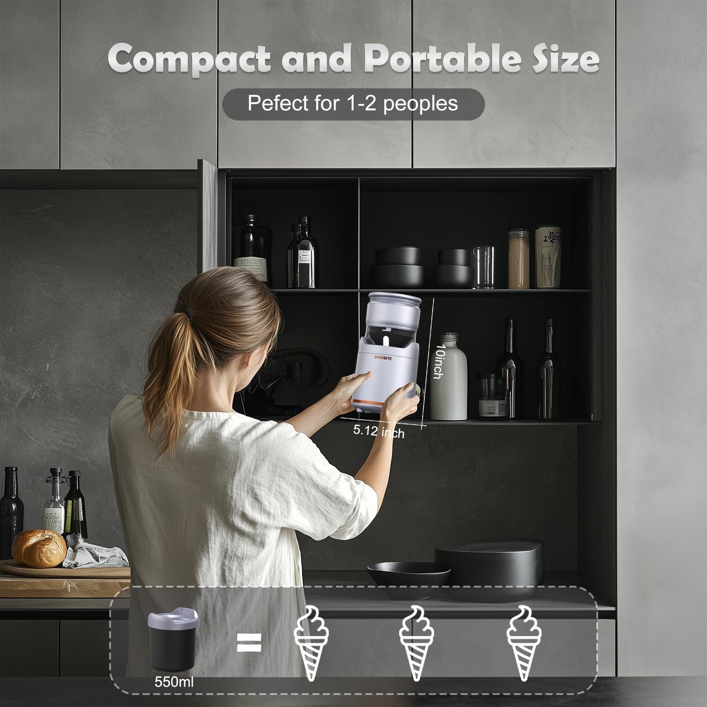 BRIOBITE Ice Cream Maker Machine – Premium Electric Mini Maker Machine with Low-Noise Operation, Rechargeable,Perfect for Gelato, Sorbet & Frozen Yogurt, Easy to Clean,Silver