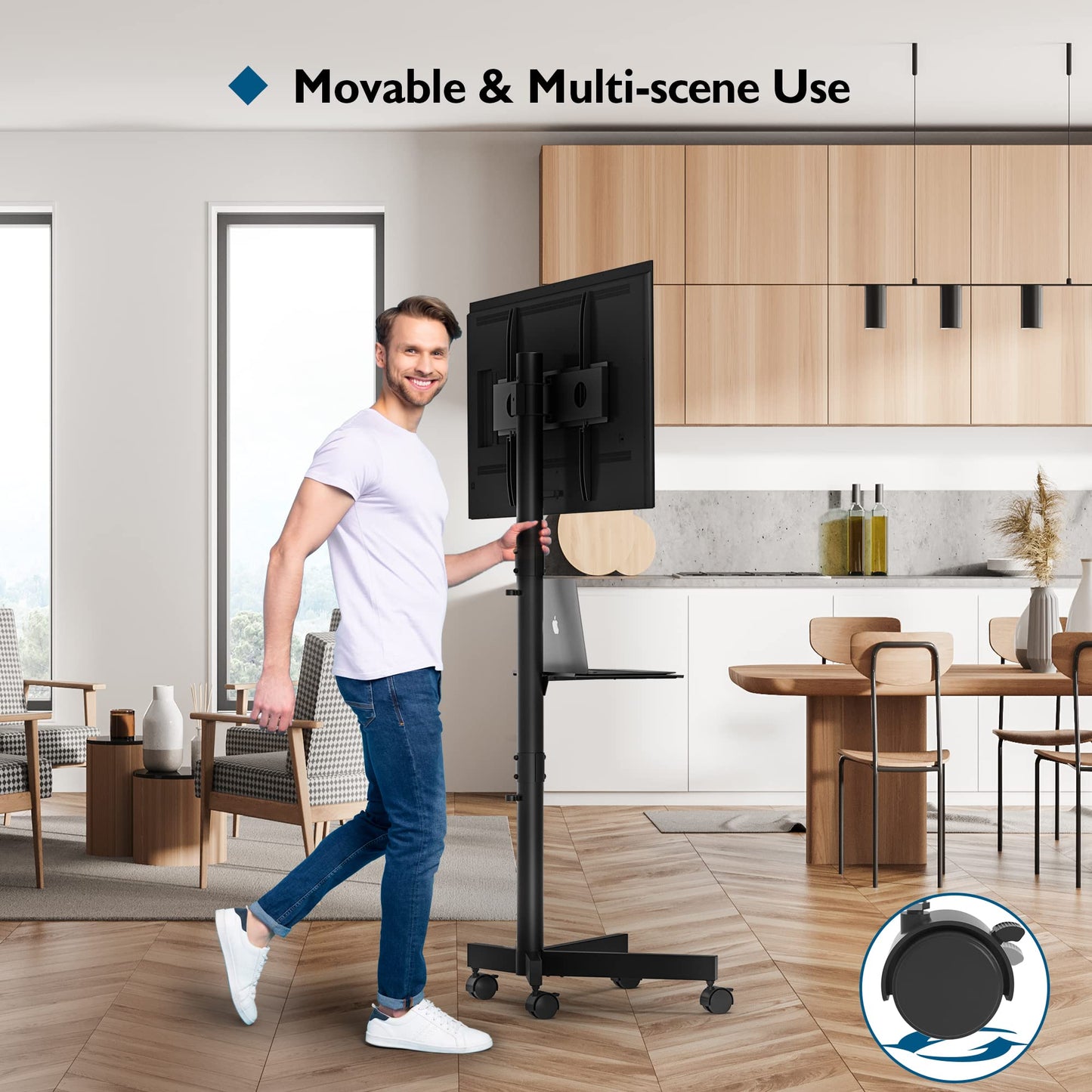 Mobile TV Cart for 23-60 Inch LED LCD Flat Curved Screens TVs, Rolling TV Stand with Locking Wheels Holds Up to 88lbs, Height Adjustable Portable Floor Stand with Media Shelf Tray, Max VESA 400x400mm