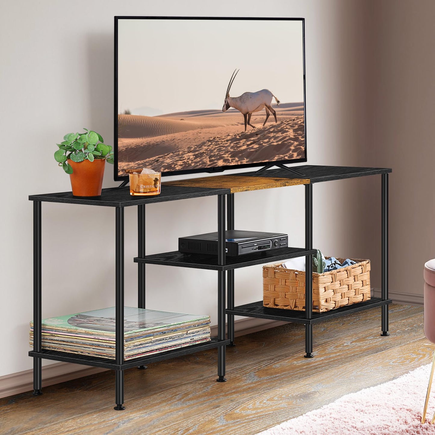 50 inch TV Stand 3 Tier Entertainment Center with Storage Shelves Small Tall Television Console Table with Metal Frame, Industrial TV Cabinet for Living Room Bedroom, Black