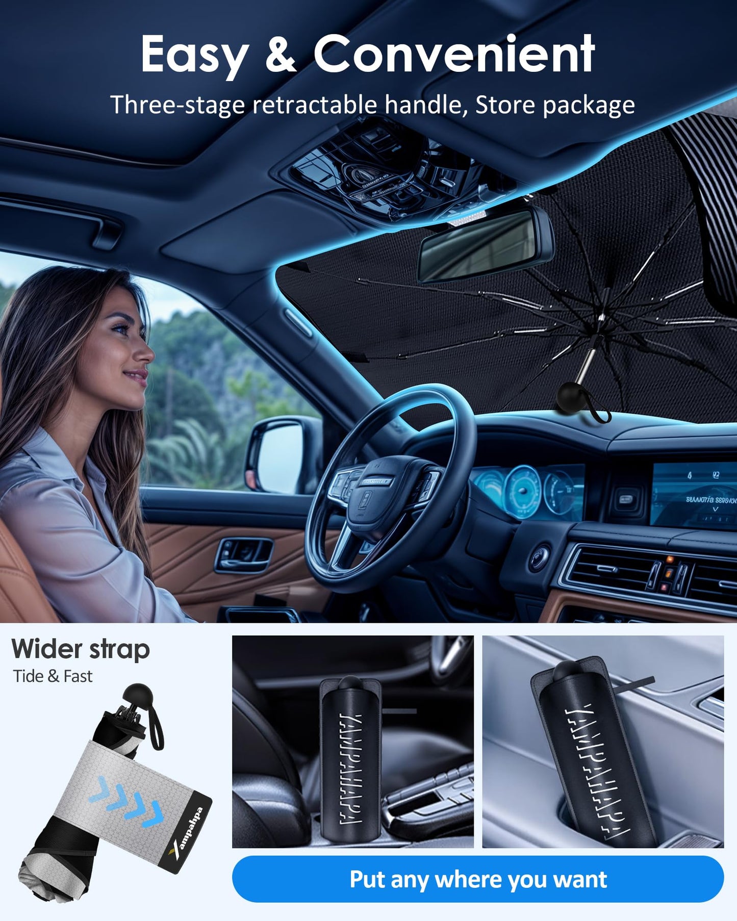 [2025 Upgrade] Windshield Sun Shade Umbrella, Foldable Car Sun Shade with Vinyl Coating Heat Shield UV Ray Reflector Keeps Cool and Protect Interior, for Auto Trucks Sedan SUV (57" x 31")