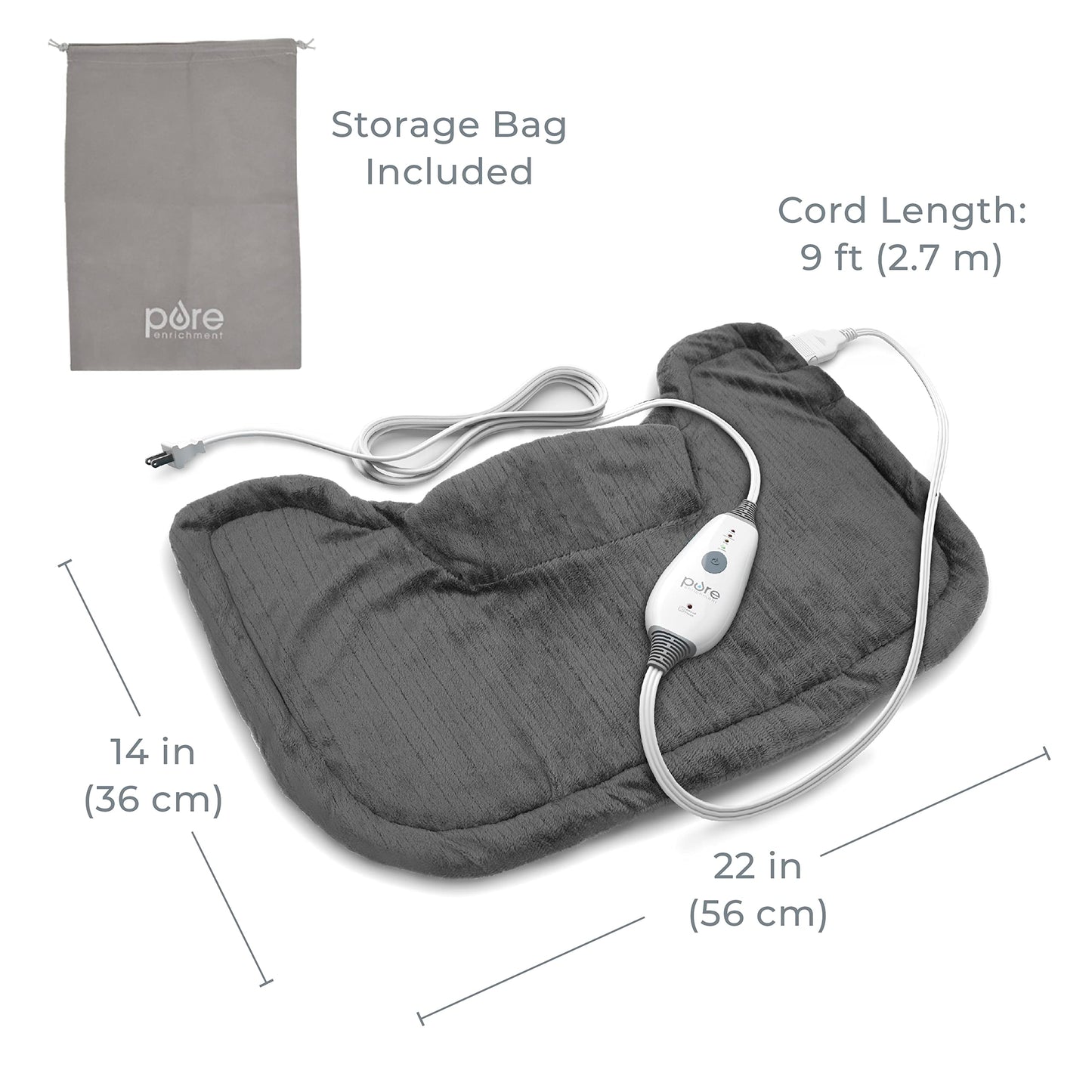 Pure Enrichment PureRelief Neck & Shoulder Heating Pad - 4 Heat Settings, Auto Shut-Off, Universal Fit, Magnet Closure, Soft Micromink, Storage Bag, 5-Year Warranty, Machine Wash (Charcoal Gray)