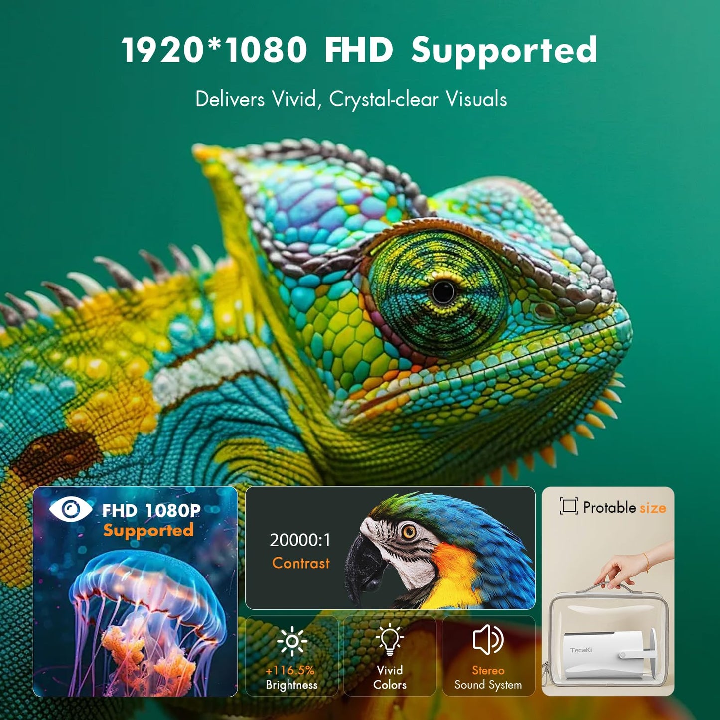 [Netflix Officially Licensed] Tecaki Smart Projector, Mini Projector with WiFi and Bluetooth, Portable Projector for Outdoor, 180° Rotatable Stand, Auto Keystone & Electric Focus, 4K Supported