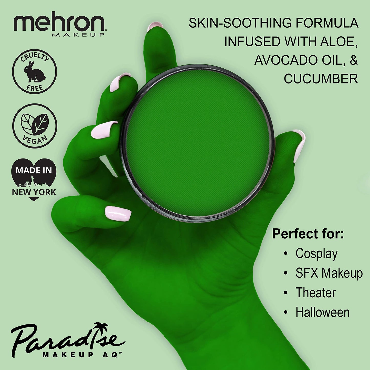 Mehron Makeup Paradise Makeup AQ Pro Size | Stage & Screen, Face & Body Painting, Special FX, Beauty, Cosplay, and Halloween | Water Activated Face Paint & Body Paint 1.4 oz (40 g) (Amazon Green)