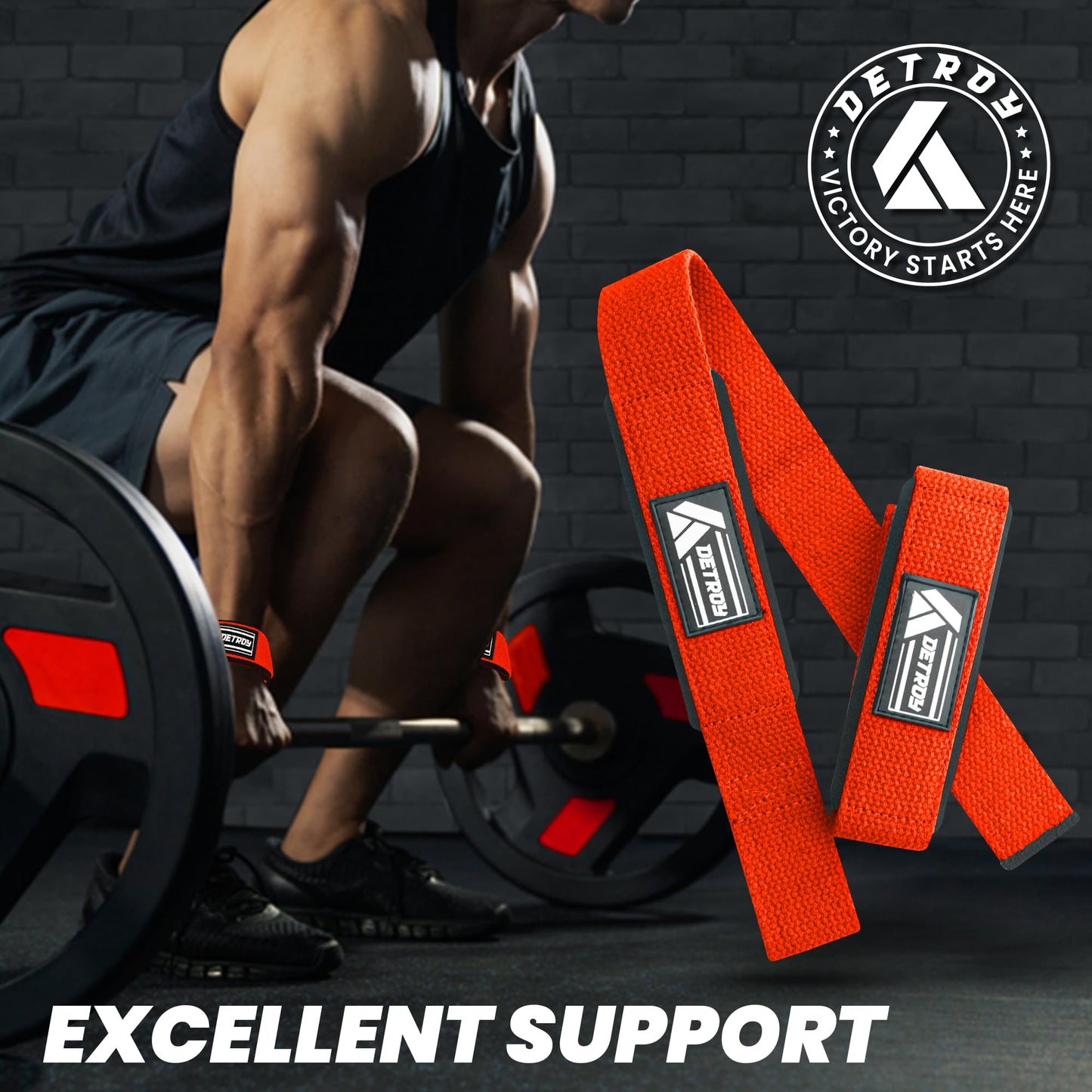 Detroy® Lifting Wrist Straps for Weightlifting, Deadlifts, Bodybuilding, Powerlifting, Gym Strength Training Workouts - Padded Neoprene with 24 inch Webbing Cotton with Silicone Grip for Men & Women (Orange)