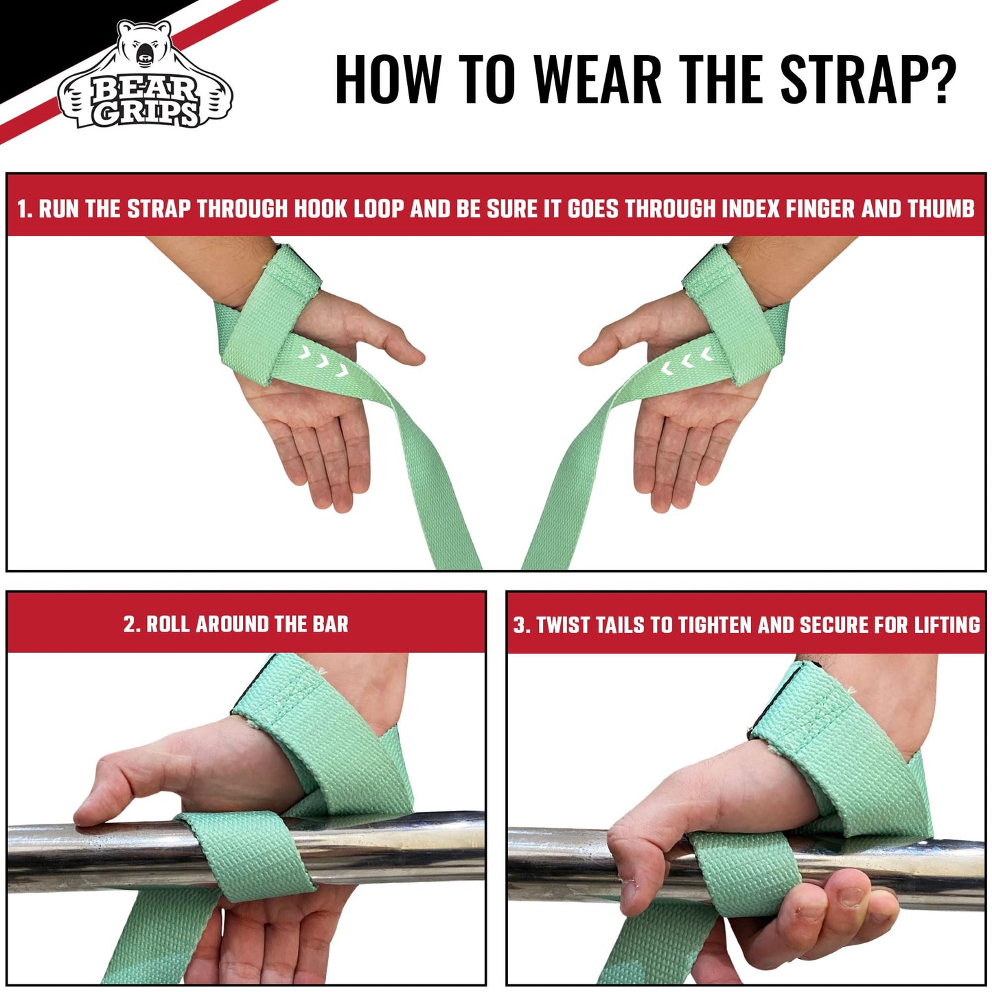 Bear Grips Lifting Straps Gym, Wrist Straps for Weightlifting, Gym Straps, Weightlifting Straps, Deadlift Straps, Weight Lifting Straps for Men, Weight Straps Lifting Women, 2 Lifting Strap Mint Green