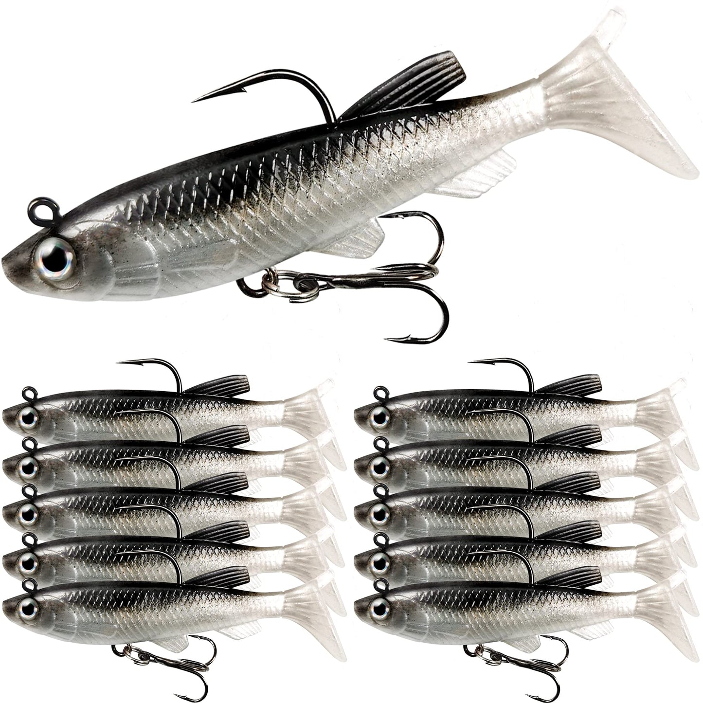 Fishing Lures for Bass, VMSIXVM Fishing Jig Head Swim Shad Lure, Soft Plastic Swimbaits with Paddle Tail, Trout Bass Sinking Baits Kit for Saltwater/Freshwater, Fishing Gear and Fishing Gifts