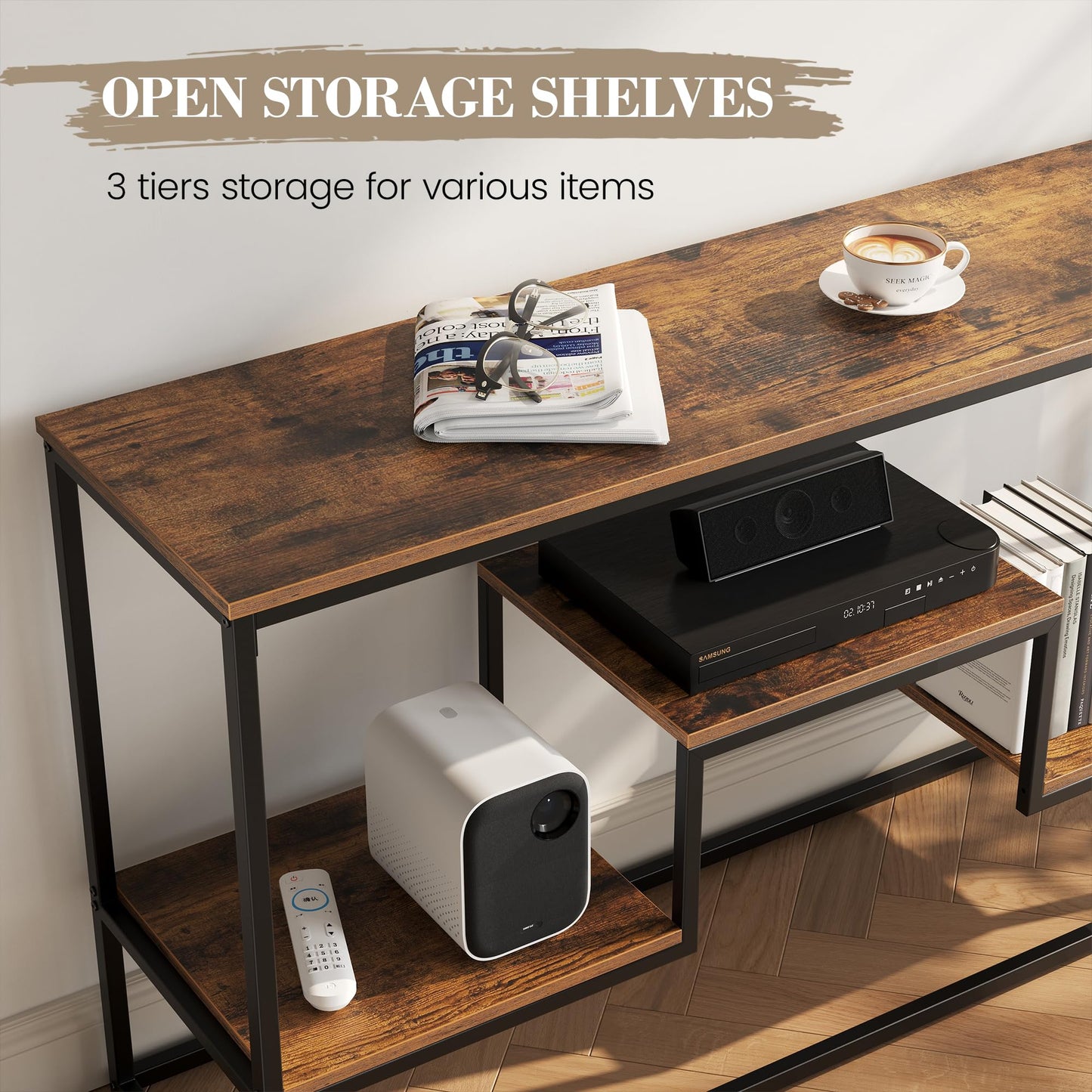 TECHMILLY Tall TV Stand for 55 Inch TV, TV Media Console Table with 3-Tier Open Storage Shelves, Modern Industrial Entertainment Center for Living Room Bedroom, Rustic Brown