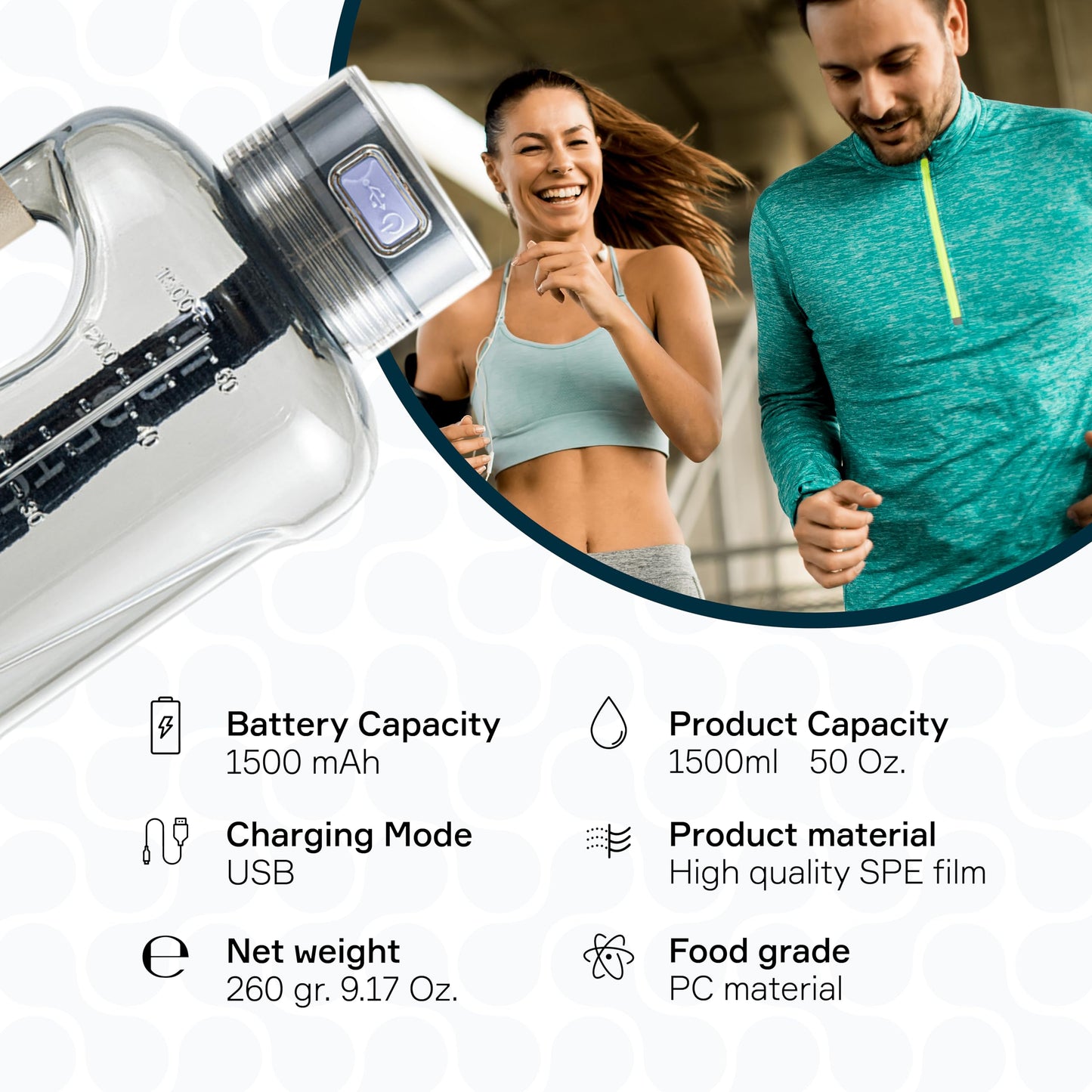 BRÜUN Big Hydrogen Water Bottle Generator 50 Oz. / 1.5L High-Capacity | A Grey Colored Portable Health Boosting Water Ionizer Generator Machine with SPE PEM Technology