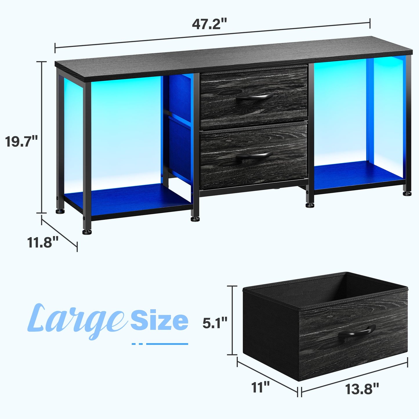 TV Stand for Bedroom with LED Lights, Dresser TV Stand with Two Fabric Drawers and Open Storage Shelves, TV Stands for Living Room, Entertainment Center, TV Console, Wood Top, Metal Frame, Black
