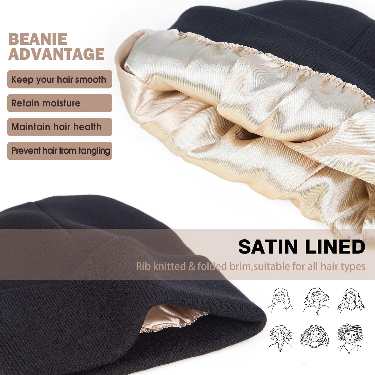 2 Pack Satin Lined Winter Beanie for Women Men Knitted Cuffed Silk Lined Skull Hat (US, Alpha, One Size, Black+Grey)