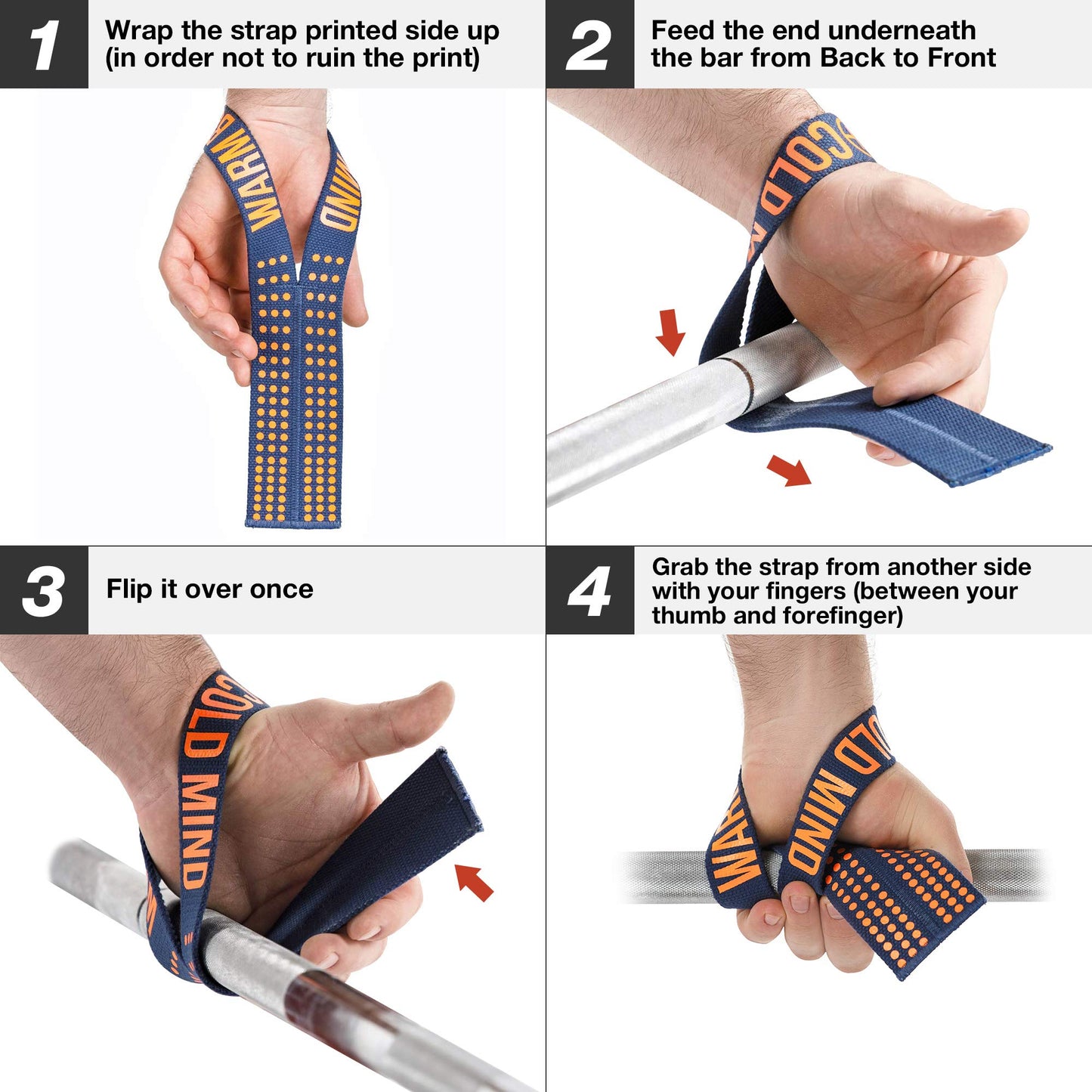 WARM BODY COLD MIND V1 Lifting Wrist Straps for Olympic Weightlifting, Powerlifting, Bodybuilding, Functional Strength Training, for Cross Training - Heavy-Duty Cotton Wrist Wraps, Pair (Blue/Orange)