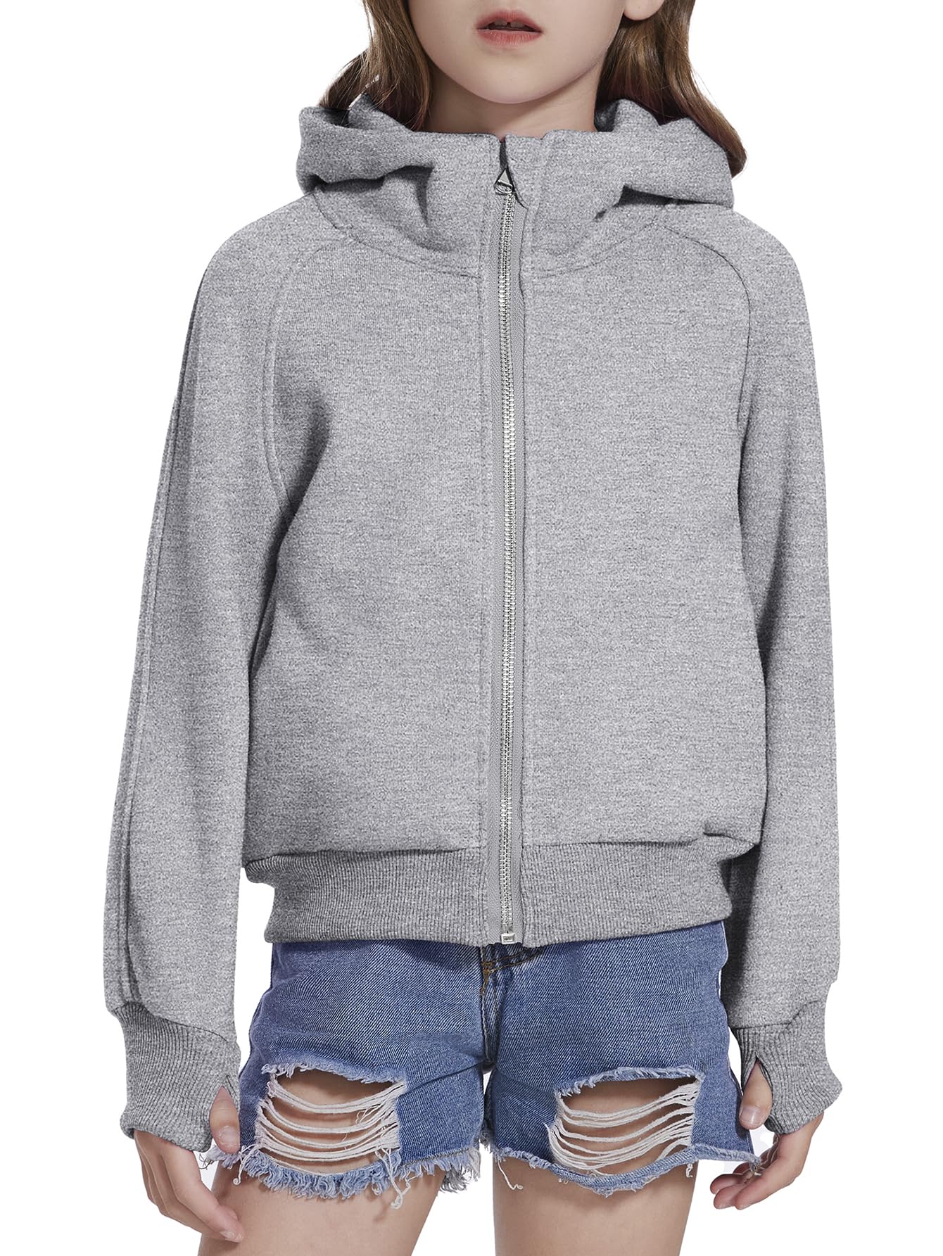Fdqin Sweatshirt for Girls Zipper Up Cropped Hoodies for Teen Girls Sweatshirts Size 10-12 Winter Clothes Grey 7-8 Years