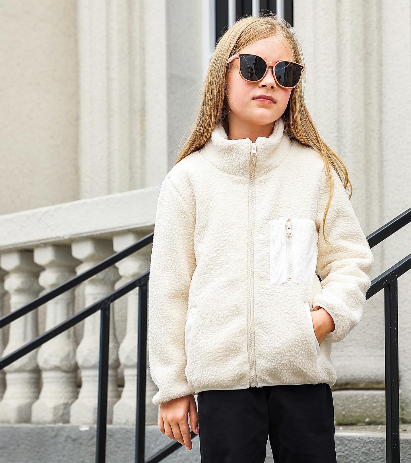 Fanient Girls Jacket Fleece Coat Sherpa Fuzzy Jackets Full Zip Outwear Jackets Solid Beige Long Sleeve Winter Coats Size 7-8
