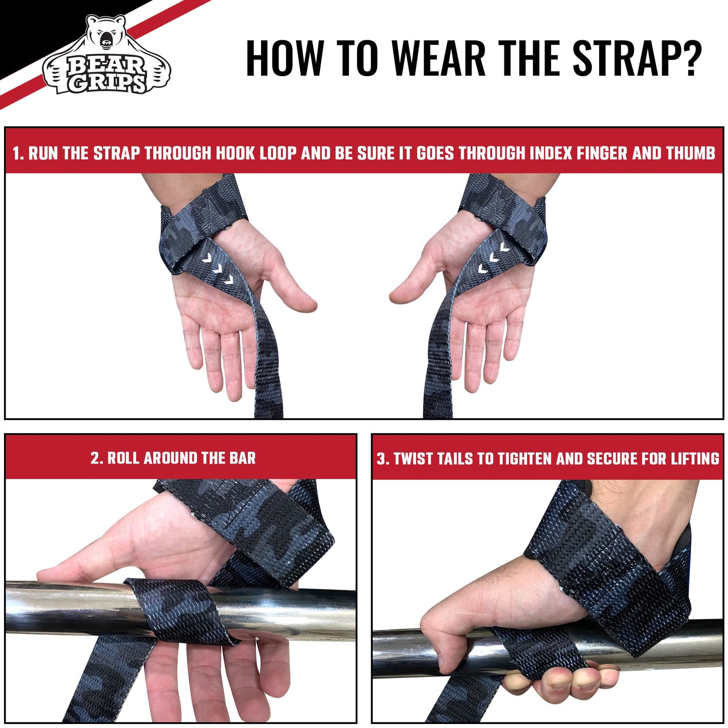 Bear Grips Lifting Straps Gym, Wrist Straps for Weightlifting, Gym Straps, Weightlifting Straps, Deadlift Straps, Weight Lifting Straps for Men, Weight Straps Lifting Women, 2 Lifting Strap Black Camo