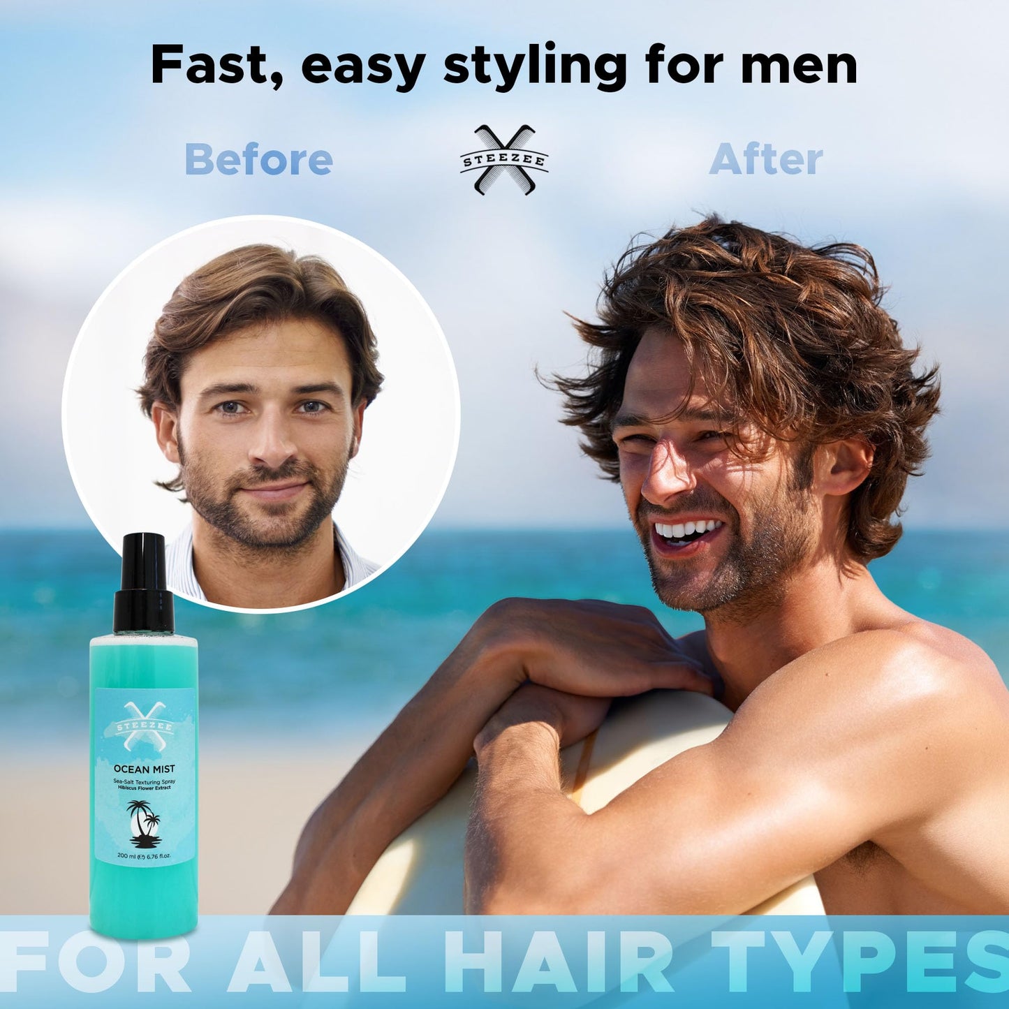 Steezee Ocean Mist Natural Sea Salt Spray for Hair Men & Women, Natural Beach Waves, Volumizing Hair Texturizer, Lightweight, 6.76 oz