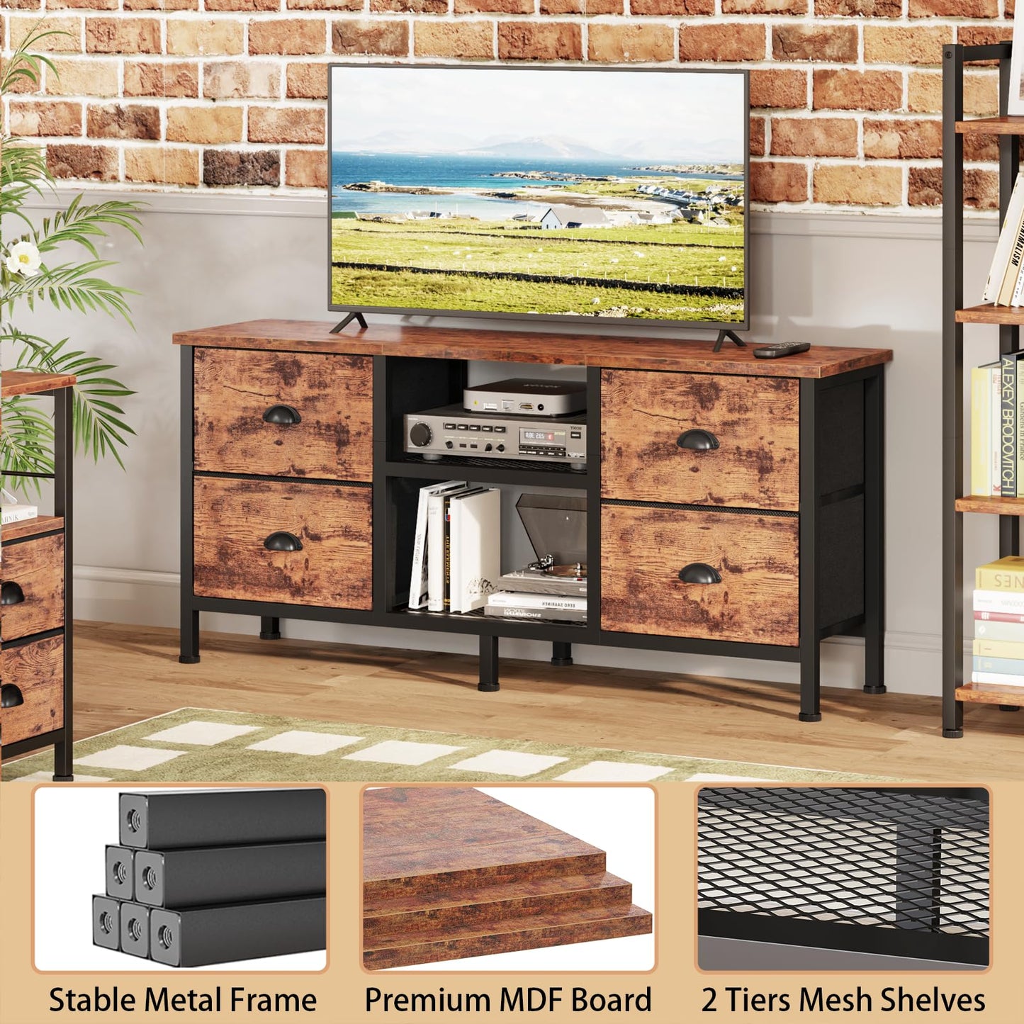 Furologee TV Stand Dresser with 4 Drawers, Television Stand with Open Shelf, Entertainment Center for 50" TV, Industrial Media Center for Bedroom, Living Room, Rustic Brown