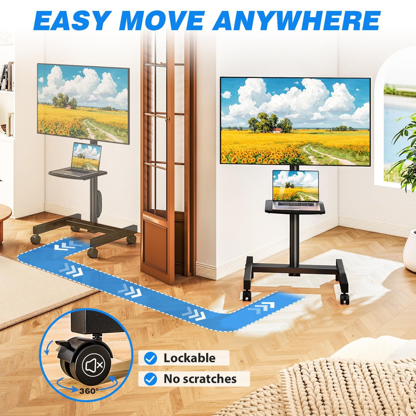 Rfiver Rolling TV Stand with Power Outlet for 13-50 Inch TVs, Tilting and Rotating Mobile TV Cart up to 55 lbs, Portrait to Landscap, Height Adjustable TV Floor Stand with Shelf, Max VESA 200x200mm