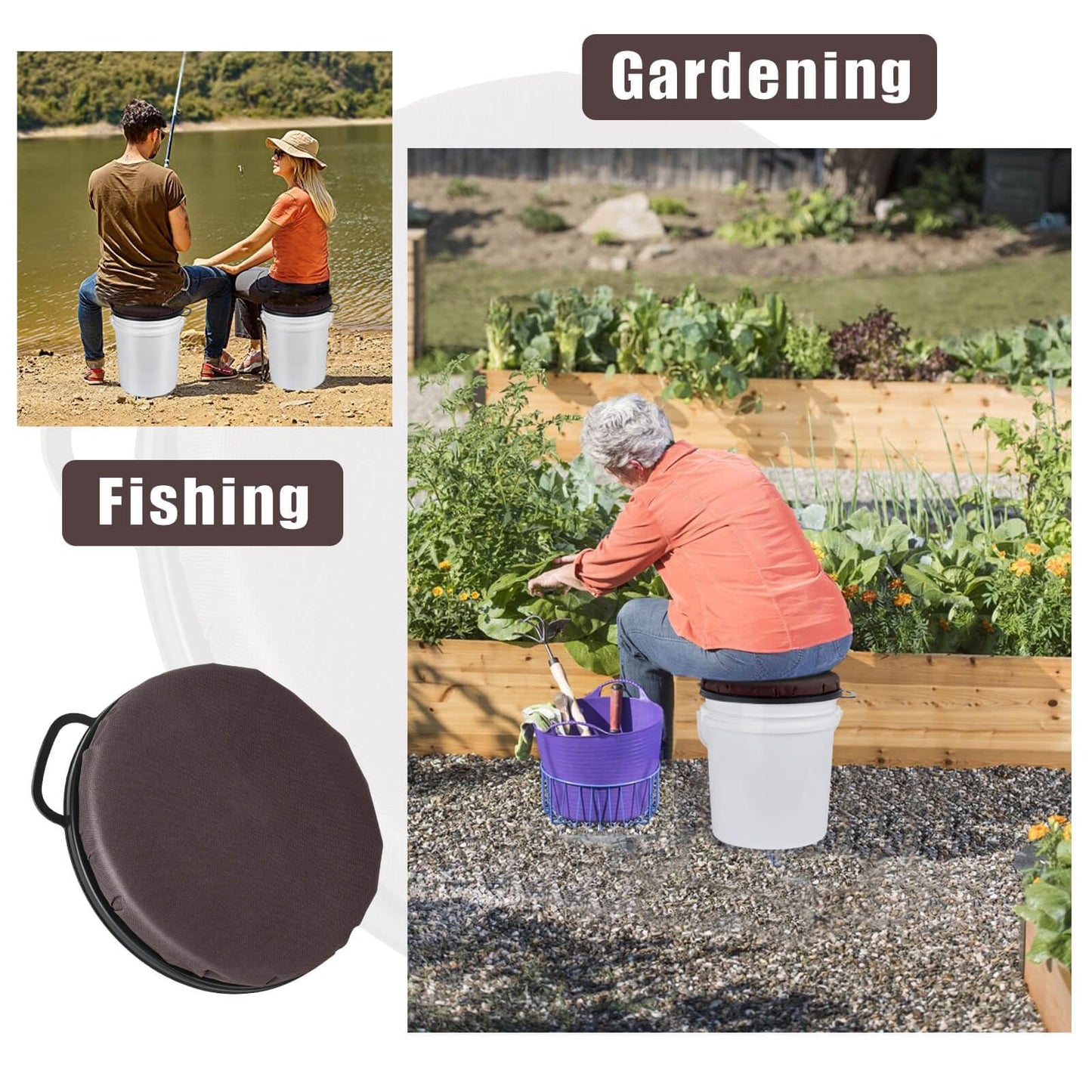 Foxtune 360-Degree Swivel Bucket Seat, 5 Gallon Bucket Lid, Spin Bucket Seat Cushion, Silent, Comfortable, Water-Resistant, for Fishing, Gardening, Hunting and Camping (Coffee Brown)