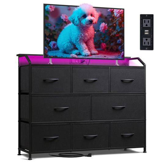 WLIVE Led Dresser for Bedroom, Black Dresser TV Stand for Bedroom with LED Lights and Power Outlet, Wide Chest of Drawers for Hallway, 8 Fabric Drawers for Living Room and Entryway, Easy to Assemble