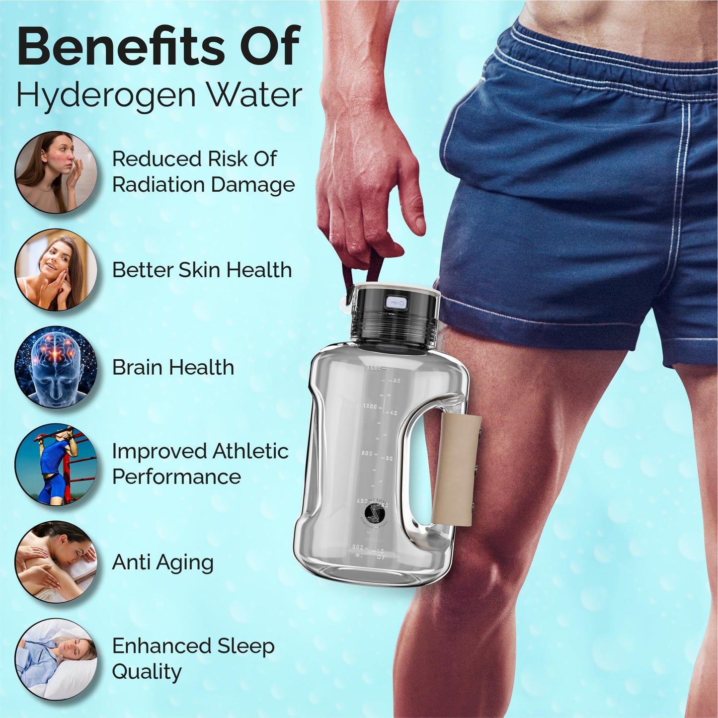 Zenetics 1.5L, Hydrogen Water Bottle, BPA Free Outdoor - Ionizer Cup with Hydrogen Generator - Hydrogen-Rich Hydrogen Water for Athletes and Adventurers Sports - Black