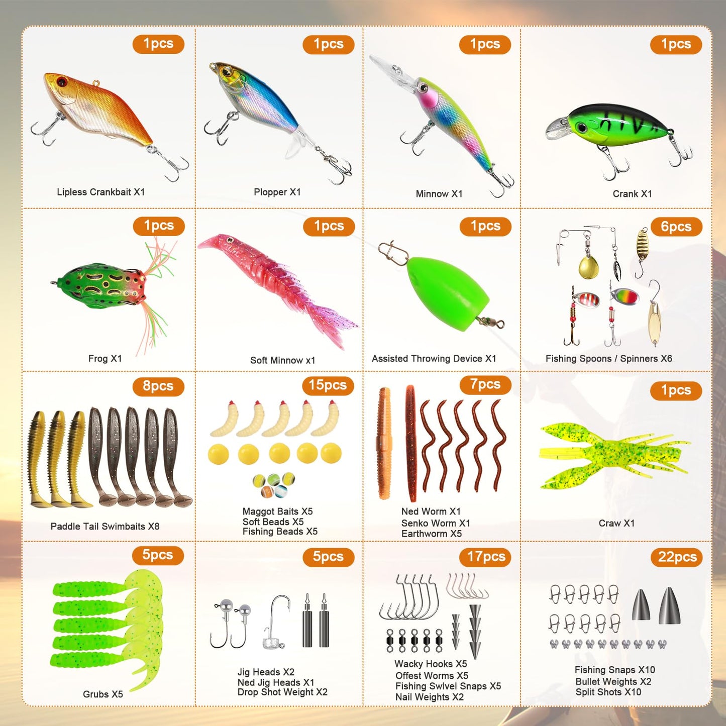 Fishing Lures Accessories Kit with Tackle Box, Suitable for Freshwater and Saltwater Fishing, Includes Fishing Guide, Fishing Gift for Men