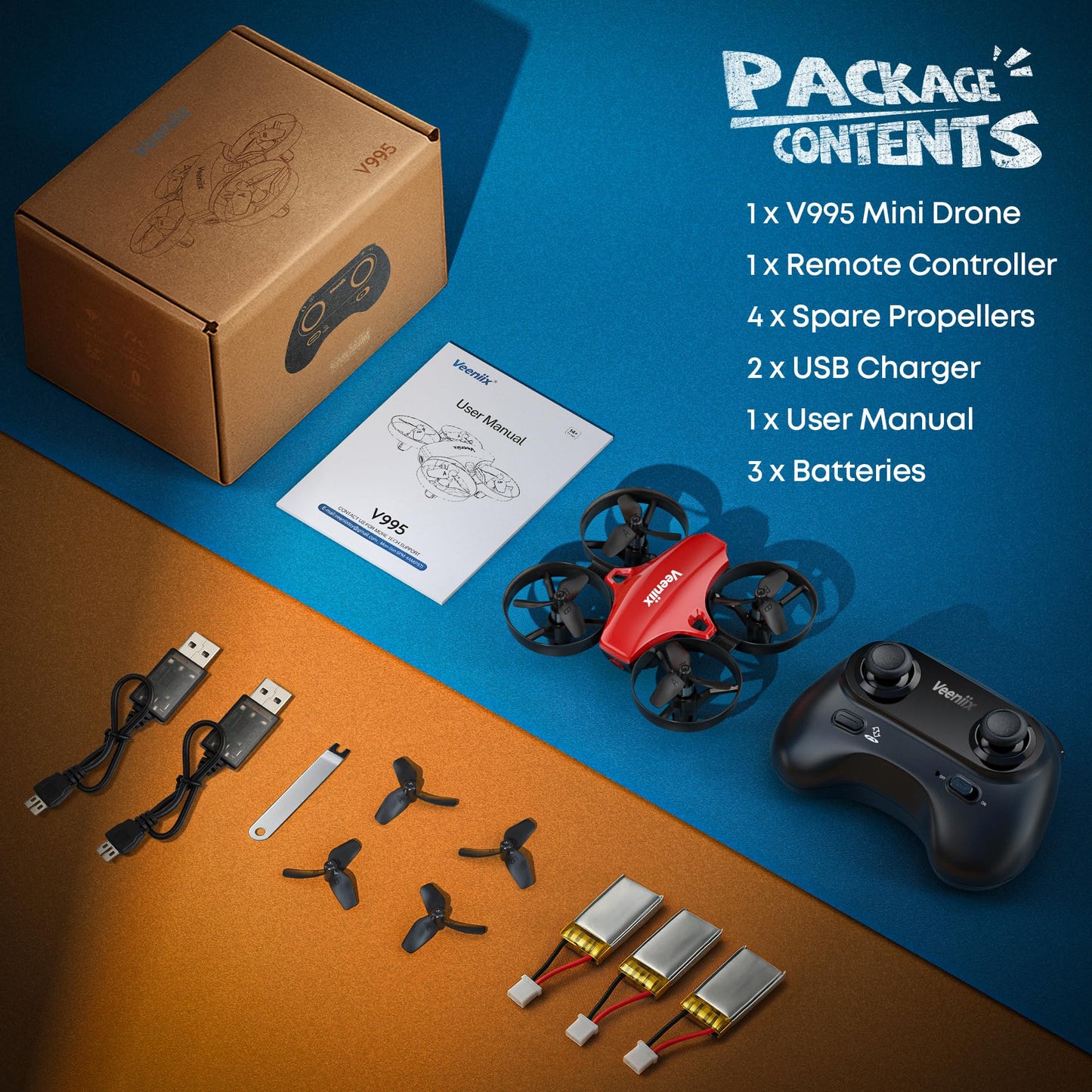 Veeniix V995 Red Mini Drone for Kids and Beginners,Indoor RC Quadcopter Plane with 3D Flips, 360° Rotation, Circle Fly, Auto Hover, Headless Mode, 21Mins 3 Batteries, Gift for Boys and Girls